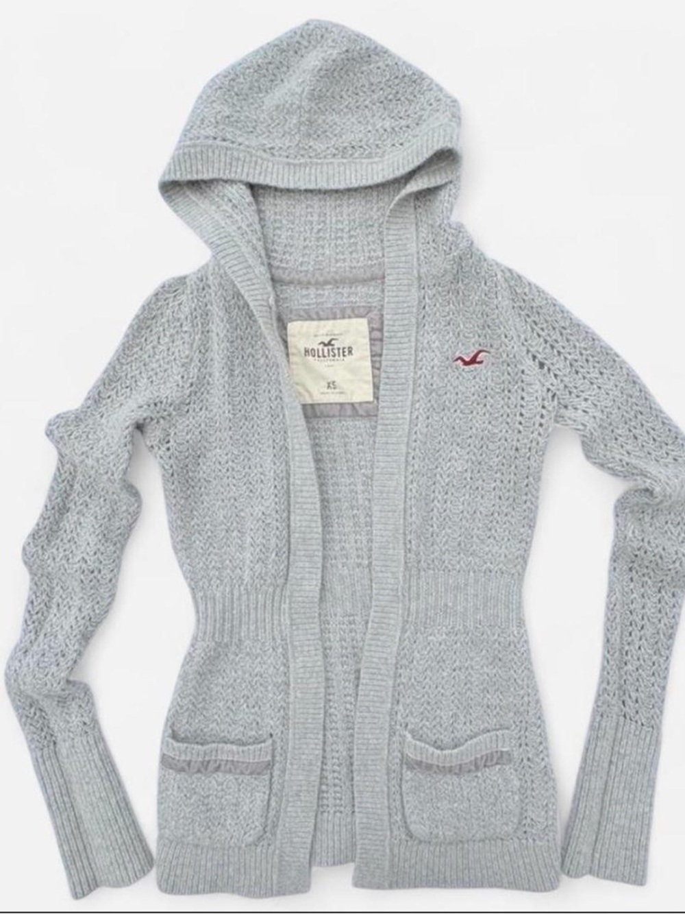 Vintage Wool Gray Hollister Crochet hooded Cardigan XS Y2K Coastal California